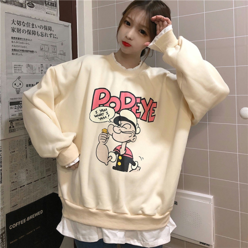 Actual shot of David's sweatshirt 250g Korean loose casual fake two-piece sweatshirt for women plus velvet thickening lazy style