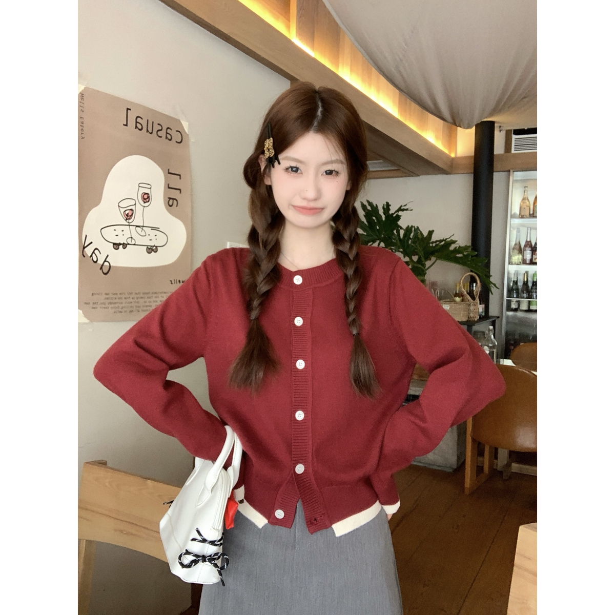 Actual shot of autumn and winter Korean style temperament contrasting single-breasted sweater cardigan sweater long-sleeved jacket top for women