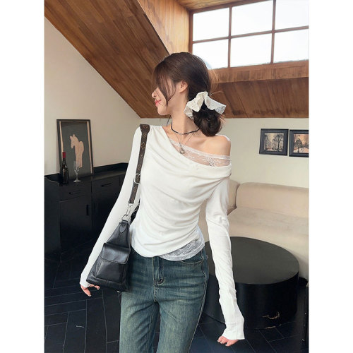 2024 original quality pure desire lace splicing oblique shoulder long-sleeved T-shirt early autumn slimming short top