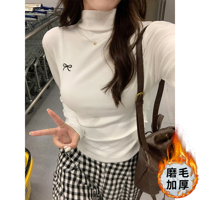 實拍半高領長袖磨毛打底衫女秋冬不規則褶皺收腰緊身短款上衣