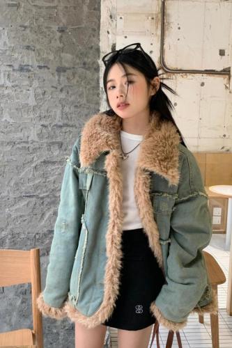 Real shot!  American denim fur coat autumn and winter new thickened velvet retro high-end design cotton jacket