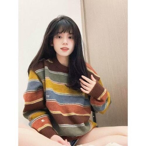 American Retro Color Striped Knit Round Neck Sweater Women's Winter Outfit Dopamine Design Loose Top