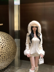 Real shot of wealthy daughter's fur collar hooded knitted cardigan for women in autumn and winter slimming slim zipper sweater jacket