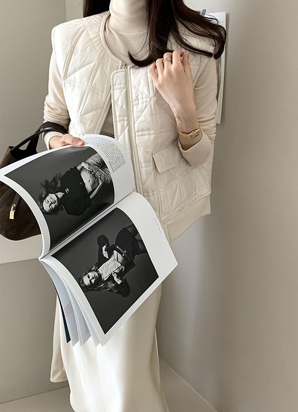 Korean chic niche retro round neck zipper rhombus embossed loose versatile warm cotton coat vest for women