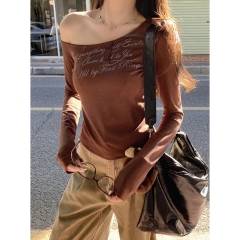 Actual shot of autumn and winter Korean style temperament slope collar button letter print off-shoulder pure cotton long-sleeved inner T-shirt top