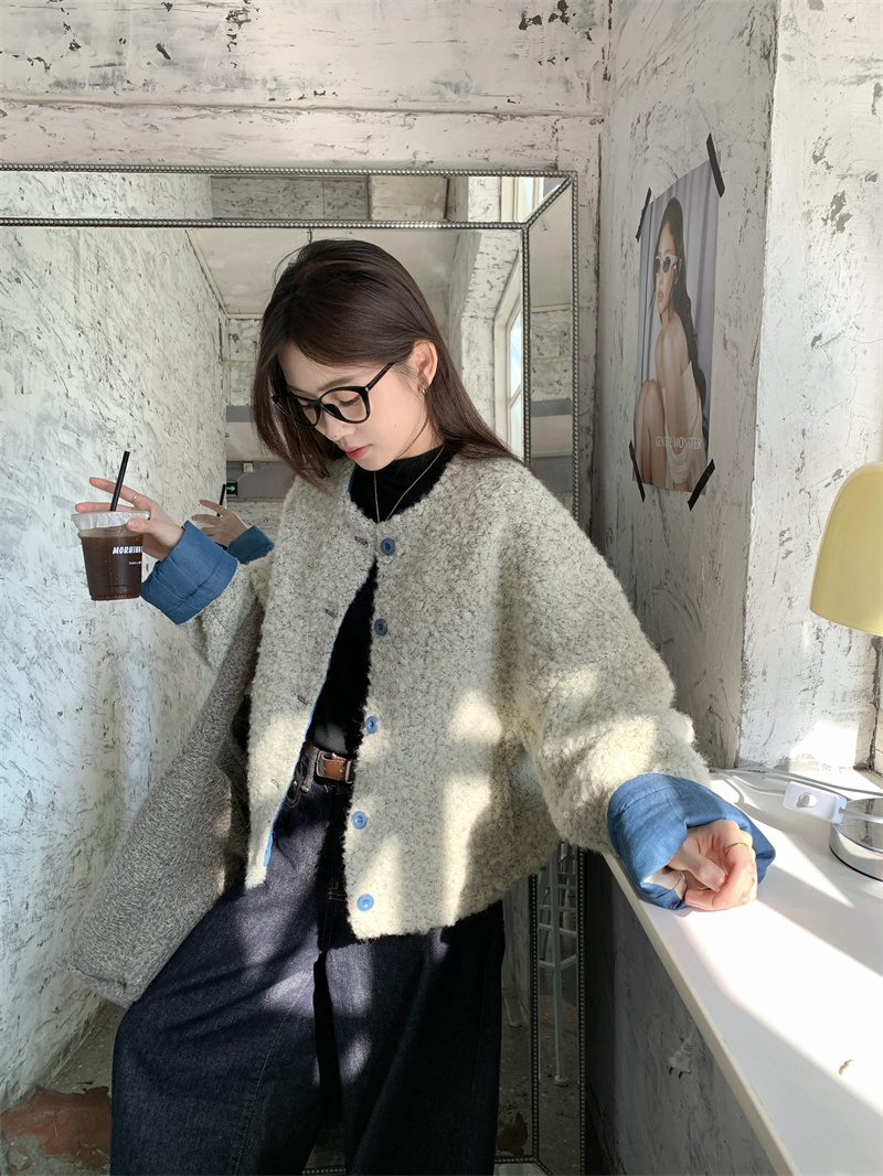 Actual shot Korean style loose small fragrant style lamb wool short woolen jacket top