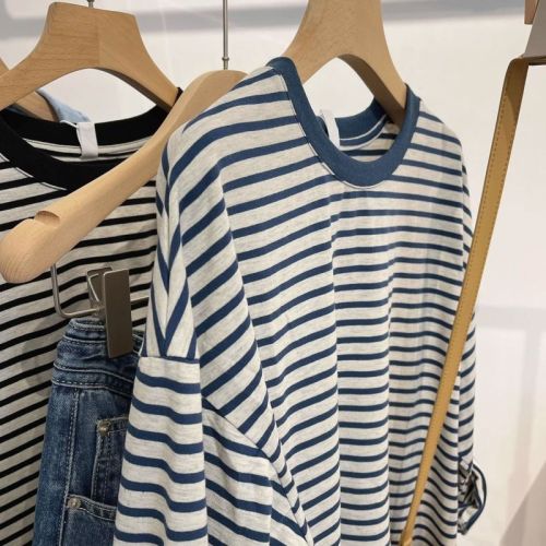 Retro striped long-sleeved T-shirt for women 2024 autumn new niche style distressed versatile loose slimming age-reducing top