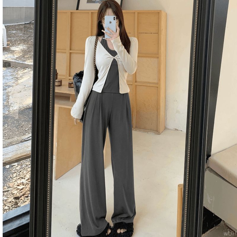 韓系chic氣質套裝掛脖鏤空假兩件上衣女休閒闊腿褲秋季穿搭兩件套