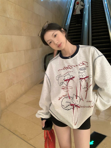 Actual shot of lazy style bow cat print long-sleeved sweatshirt plus velvet loose mid-length top