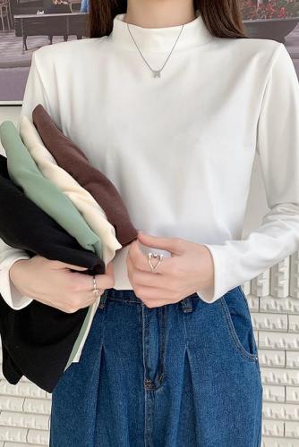 Real shot Korean style brushed thickened half turtleneck bottoming shirt for women in autumn and winter with long-sleeved T-shirt