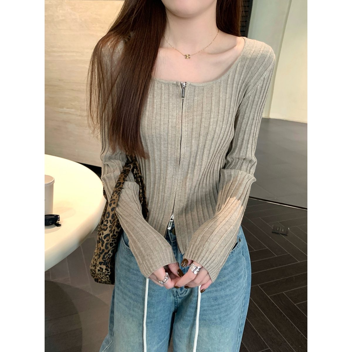 Real shot of autumn and winter Korean style temperament round neck double zipper design sweater cardigan long-sleeved sweater jacket for women