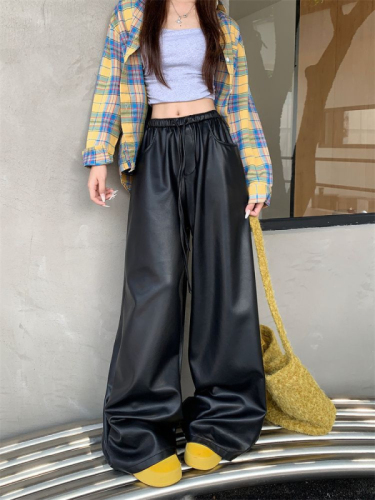 American black pu leather pants casual pants for women autumn and winter high waist slim straight pants loose wide leg floor mopping pants