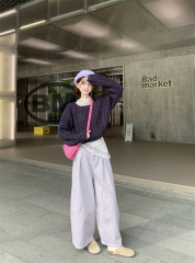 Real shot~ Autumn solid color braided dark blue sweater + wide-leg lantern pants + mesh lining 