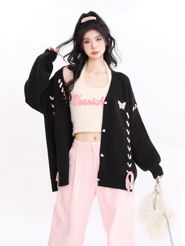 South Korea's Dongdaemun autumn and winter lazy style niche versatile design butterfly strap love button women's cardigan sweater