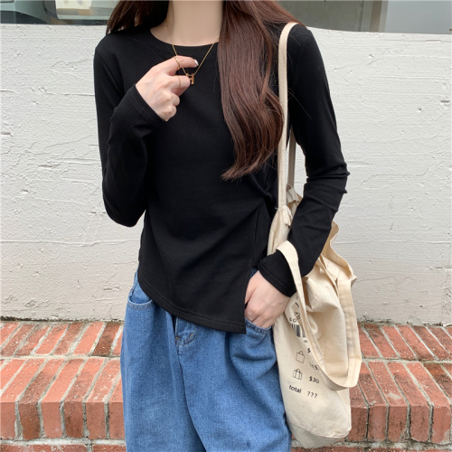 Actual shot of early autumn new Korean style slimming irregular design long-sleeved T-shirt tops for women