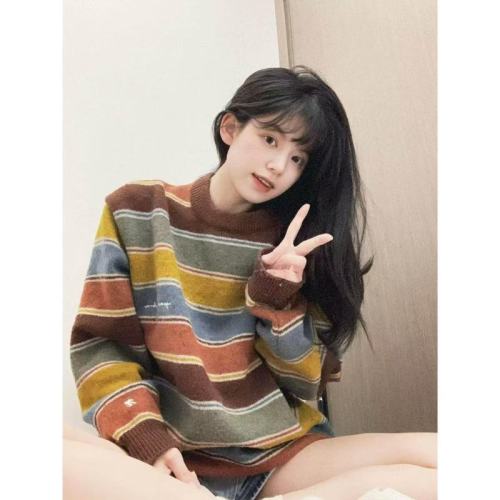 American Retro Color Striped Knit Round Neck Sweater Women's Winter Outfit Dopamine Design Loose Top