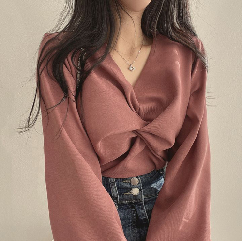 Korean chic autumn French style pleated V-neck twist design loose casual solid color long-sleeved shirt top