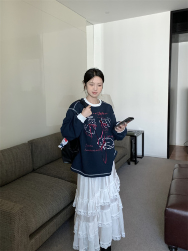 Actual shot of lazy style bow cat print long-sleeved sweatshirt plus velvet loose mid-length top