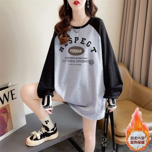 Real shot of autumn and winter new loose double-sided German velvet round neck warm splicing long-sleeved bottoming shirt T-shirt for women