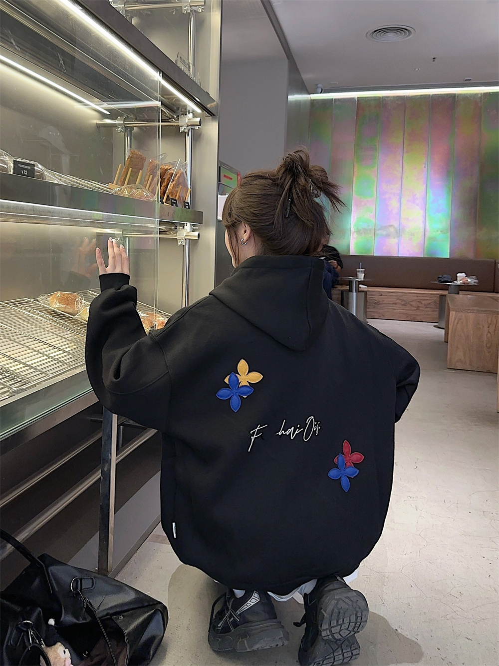 Photographed~ American-style niche couple's thickened outerwear loose heavy-duty faux leather embroidery lined hooded sweatshirt