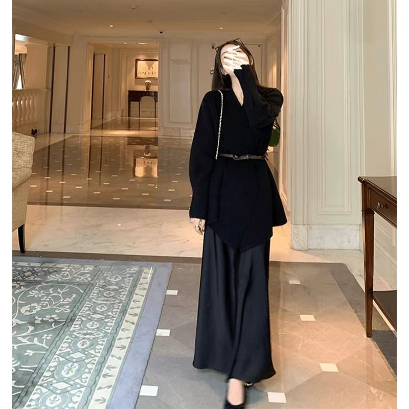 2024秋季新款女法式氣質翻領收腰針織毛衣外套高腰緞面魚尾半身裙