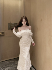 Real shot!  High-end feather collar one-shoulder dress women's tube top fishtail mini dress
