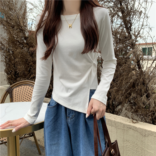 Actual shot of early autumn new Korean style slimming irregular design long-sleeved T-shirt tops for women