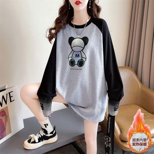 Real shot of autumn and winter new loose double-sided German velvet round neck warm splicing long-sleeved bottoming shirt T-shirt for women