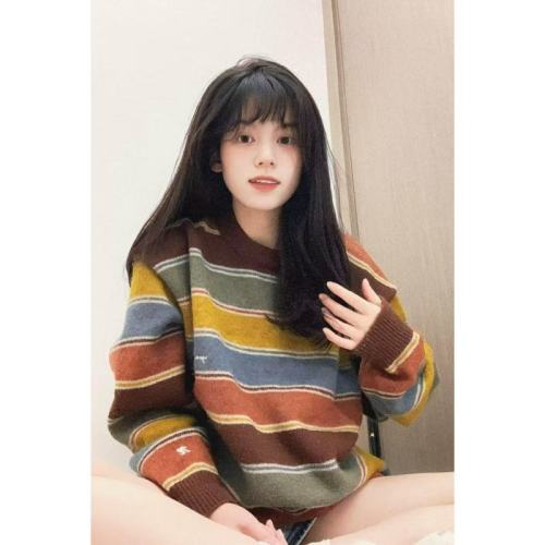 American Retro Color Striped Knit Round Neck Sweater Women's Winter Outfit Dopamine Design Loose Top