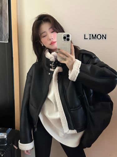 THE LIMON Lemon Green Tea Motorcycle Style Fur One-piece Thickened Jacket Women's Autumn and Winter Stand Collar Plus Velvet Leather Jacket