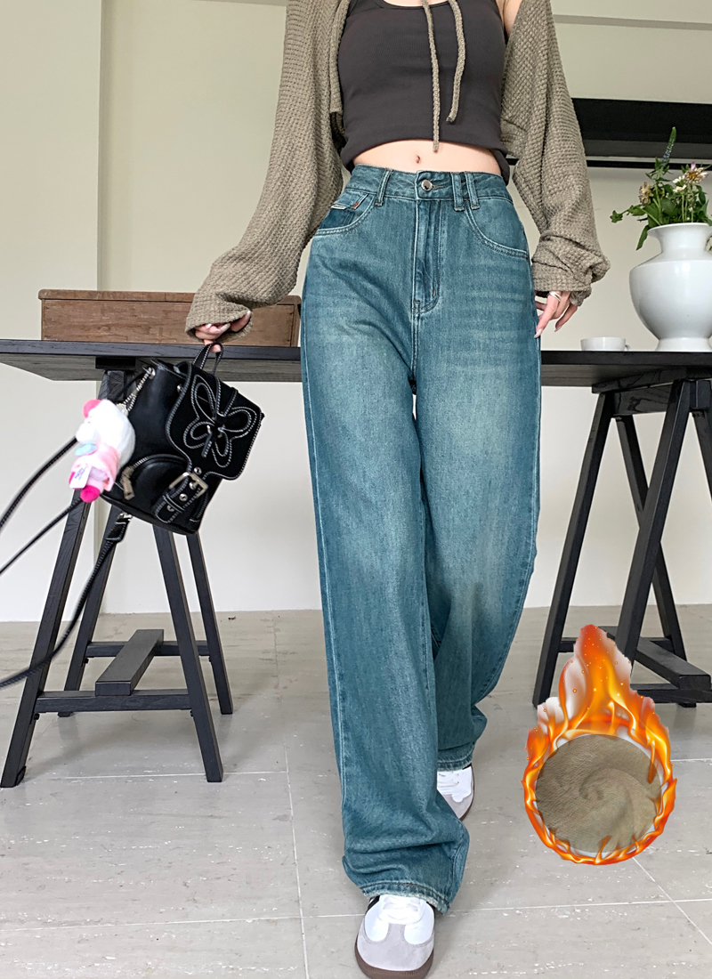 Women's Loose Tapered Wide-Leg Casual Straight Jeans with Ground-Long Fall/Winter High-Waisted Boho Style Distinctive Relaxed Pants with a Sense of Elegance