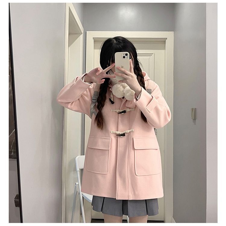 2024 Pink Hooded College Style Horn Button JK Coat for Women Autumn and Winter New Thick Woolen Coat for Small Women