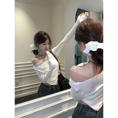 2024 original quality pure desire lace splicing oblique shoulder long-sleeved T-shirt early autumn slimming short top