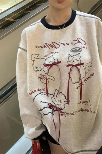 Actual shot of lazy style bow cat print long-sleeved sweatshirt plus velvet loose mid-length top