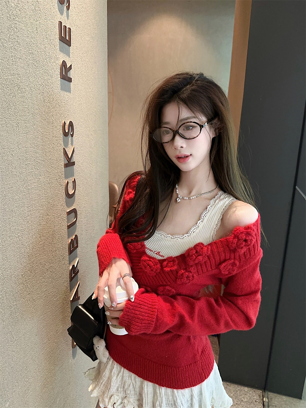 Actual shot~ V-neck rose print waist-cinching women's 2024 autumn winter new soft and delicate designed top