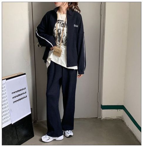 春秋新款运动服套装女华夫格韩版显瘦宽松时尚跑步服学生两件套潮