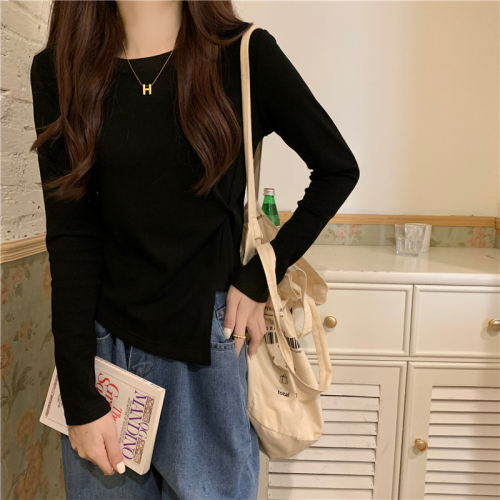 Actual shot of early autumn new Korean style slimming irregular design long-sleeved T-shirt tops for women