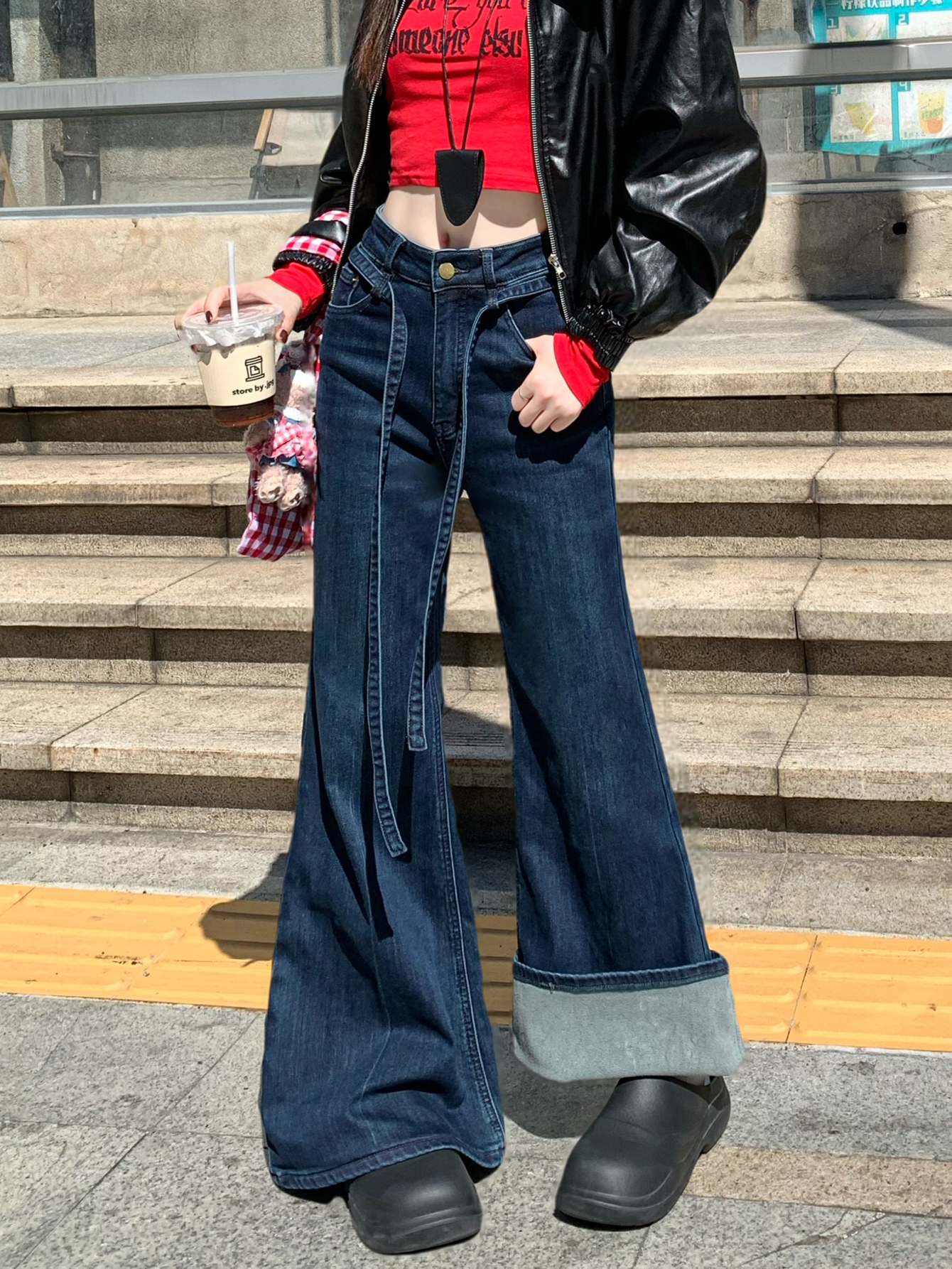 Photographed #Hairy Warm Denim Pants for Women, Design-Savvy Denim Belt, Wide Leg Floor-Length Micro-Bellbottom Pants