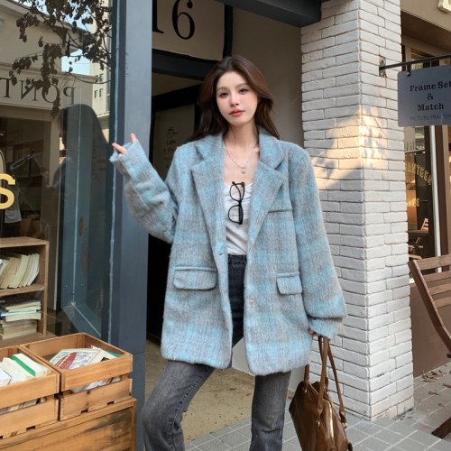 Double-layer interior retro high-end sense long woolen plaid suit jacket for women 2024 autumn and winter trendy versatile tops