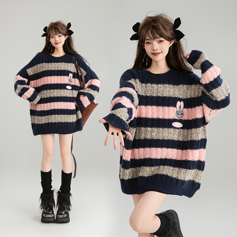 Relaxed thick-knit striped sweater for women 2024 winter lazy contrast color mid-length butt-covering sweater
