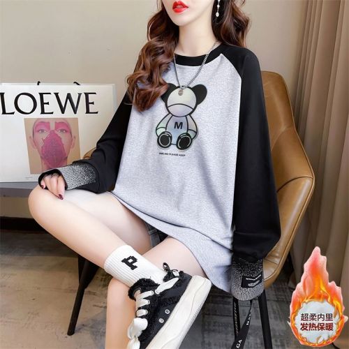 Real shot of autumn and winter new loose double-sided German velvet round neck warm splicing long-sleeved bottoming shirt T-shirt for women