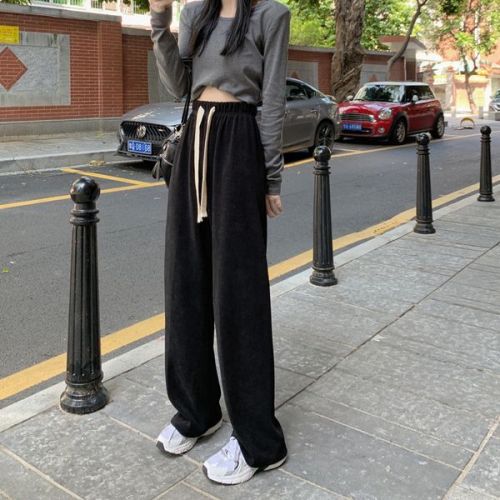 Wide-leg pants autumn and winter new loose thickened pit strip elastic high-waist casual pants women's trousers