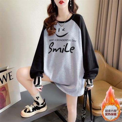 Real shot of autumn and winter new loose double-sided German velvet round neck warm splicing long-sleeved bottoming shirt T-shirt for women