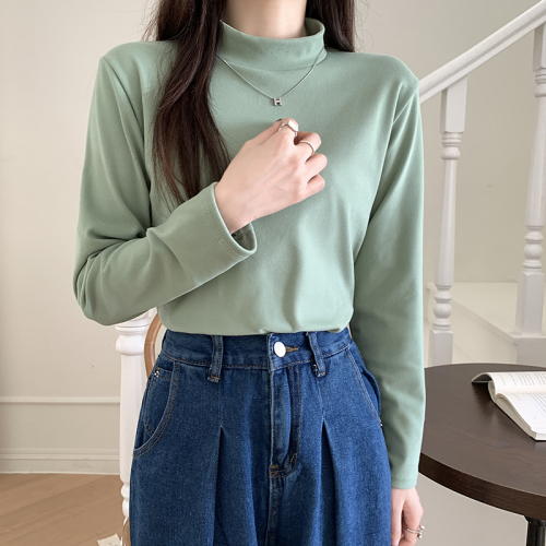 Real shot Korean style brushed thickened half turtleneck bottoming shirt for women in autumn and winter with long-sleeved T-shirt