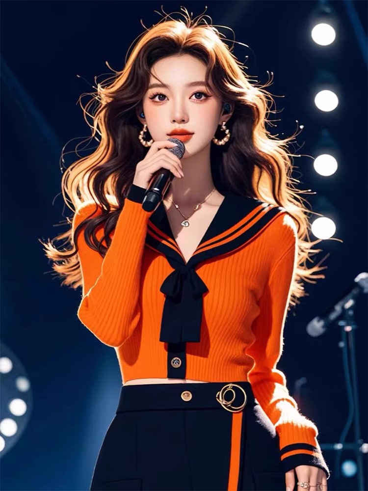 Navy Orange Knit Sweater for Women - Late Autumn Style 2024 New Arrival Long-Sleeve Top Early Autumn High-End Short-Sleeve Cardigan