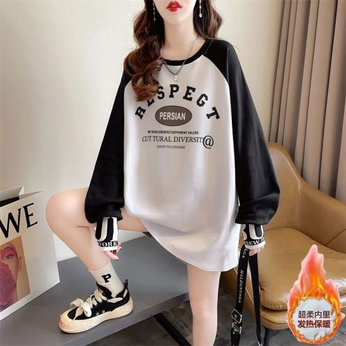 Real shot of autumn and winter new loose double-sided German velvet round neck warm splicing long-sleeved bottoming shirt T-shirt for women