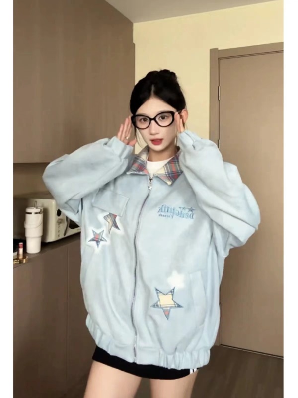 Sweet and Cool Girl Trend Contrast Color Lapel Baseball Jacket Women's Loose Versatile Jacket Top Autumn New Women's Clothing