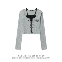 American retro strappy fake two-piece long-sleeved sweater for women in early autumn hot girl bm slim fit navel-baring short top