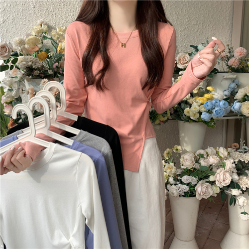 Actual shot of early autumn new Korean style slimming irregular design long-sleeved T-shirt tops for women