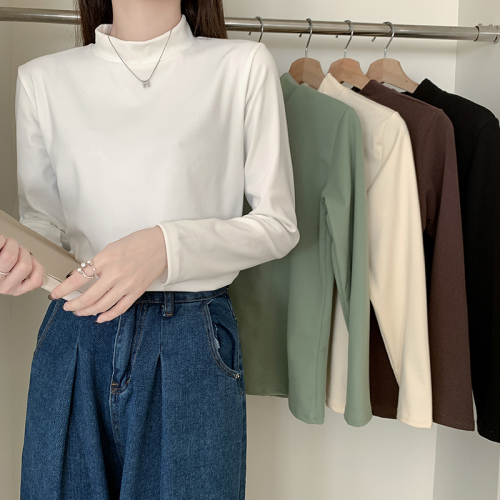 Real shot Korean style brushed thickened half turtleneck bottoming shirt for women in autumn and winter with long-sleeved T-shirt